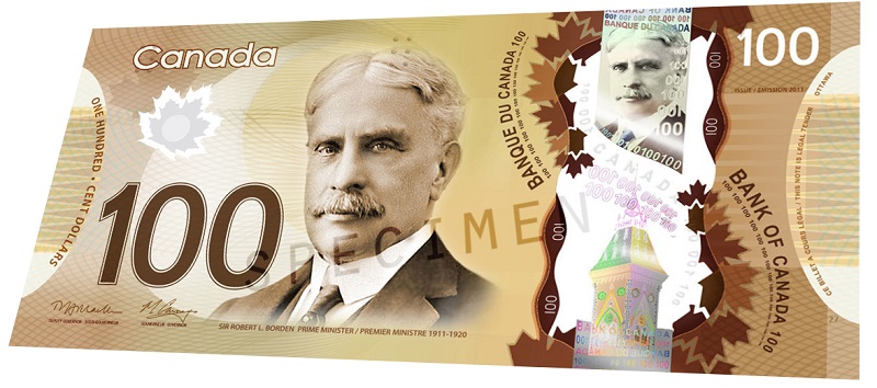 Billet de 100 dollars canadiens 100 CAD polymère recto