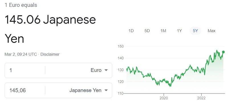 Euro to Yen currency exchange 2 March 2023