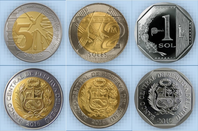 Peruvian Nuevo sol coins (1, 2 ande 5 nuevos soles)