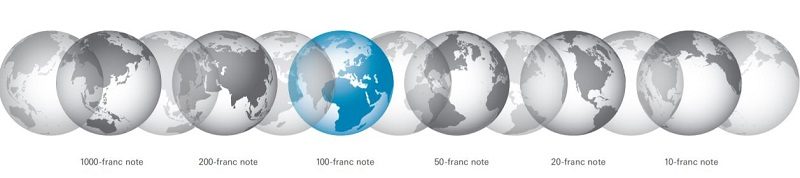 Terrestrial globes in new Swiss franc banknotes 2019 series
